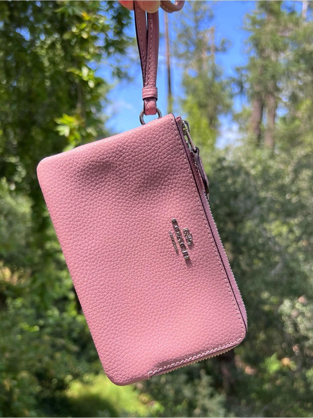 COACH PINK Pebbled Leather Wristlet Wallet Double Zip Silver Hardware AUTHENTIC